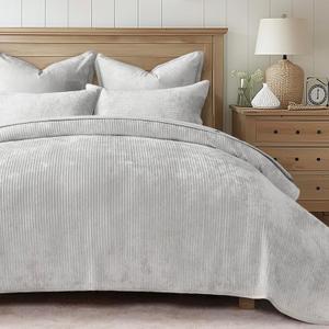 EverGrace Velvet Quilt Set Queen Size, Luxurious Soft Quilted Bedding Sets, Lightweight Velvet Comforter for All Season, Striped Channel Bedspread Coverlet with 2 Shams, Frost Gray, Full/Queen