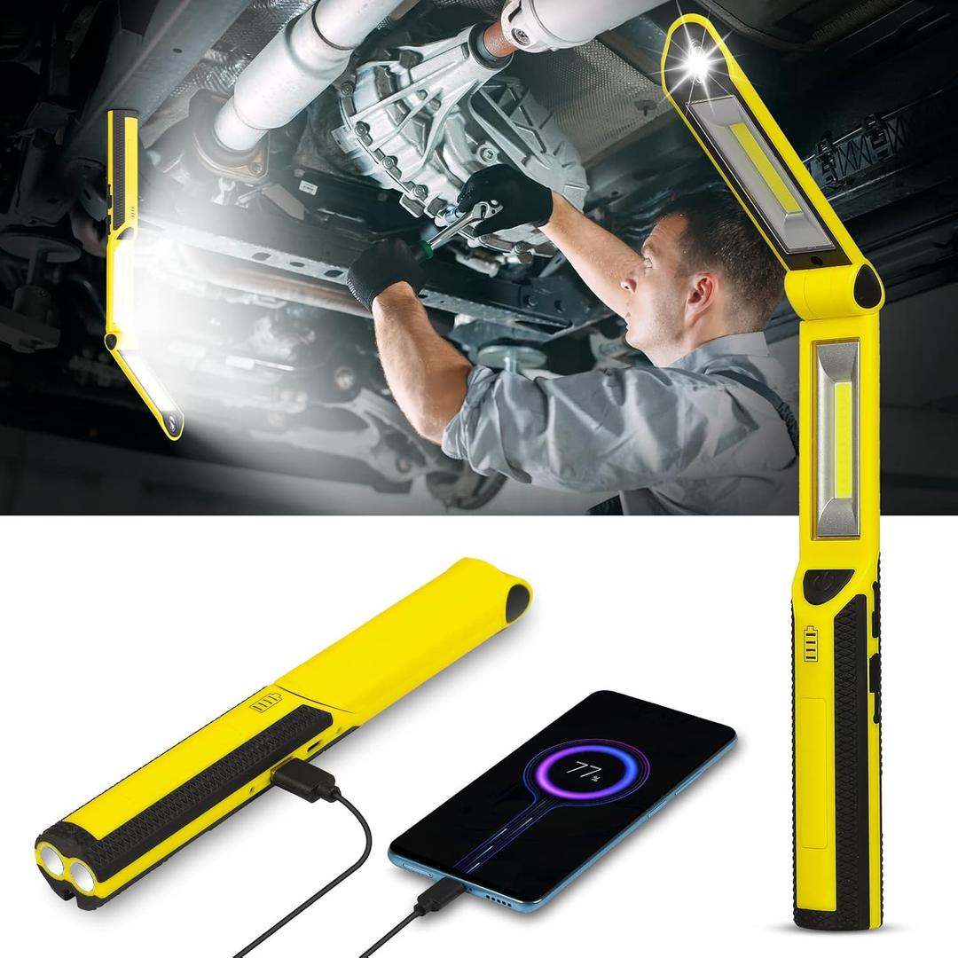 Work Light, Ropelux Rechargeable LED Work Light 1500 Lumens, Portable Flashlight 180 Rotate 3 Modes, with 3 Magnetic Base and Hook Mechanic Light, for Car Repairing/Under Hood/Emergency (Yellow)