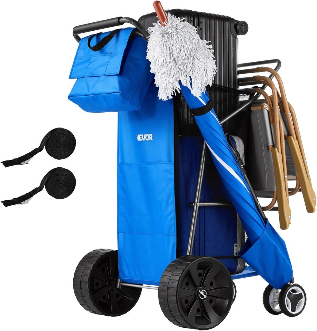 VEVOR Beach Cart, 165LBS Load Capacity, Portable Folding Beach Wagon Dolly with 10" Solid Wheel for Sand, Insulated Cooler Bag, Large Mesh Bag&Umbrella Holder for Outdoor Camping Fishing