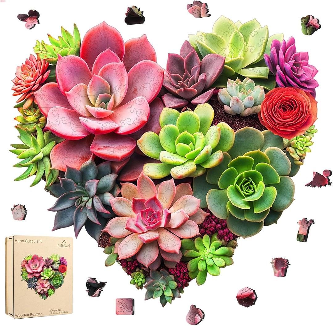 Ruikiyart Wooden Puzzles for Adults 500 Pieces,Heart Succulent Jigsaw Puzzles for Adults Mom Grandmother,Unique Shaped Flower Plant Liberty Puzzles,Fun Challenging Family Games Gifts,17.3"x18.4"