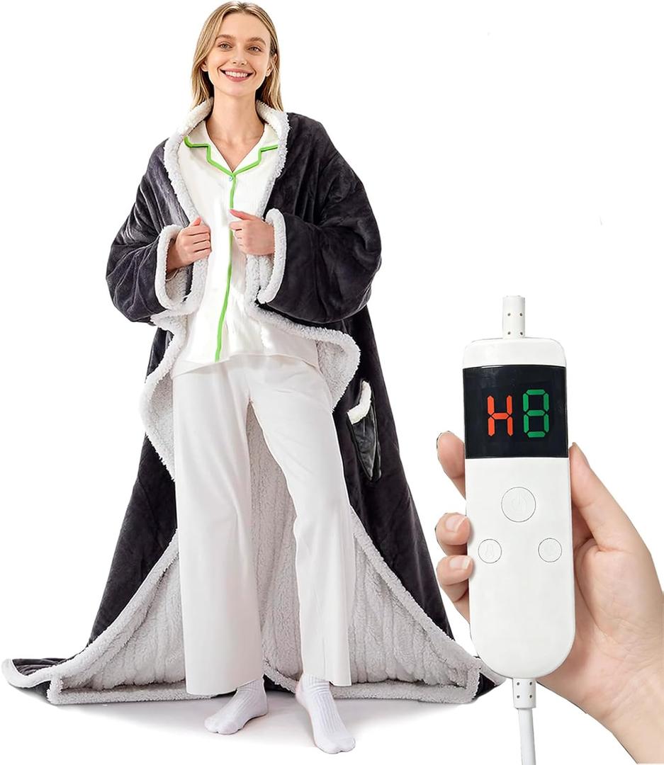 Heated Blanket Wearable Electric with Sleeves & Foot Pocket, Heating Blanket with 8 Hours Auto Off 10 Fast Heating Levels, Machine Washable, Gift Idea, 52*72+18 (Gray)