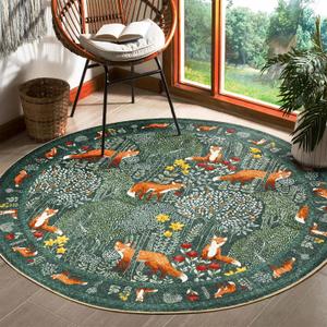 Cute Woodland Forest Kids Rug Boho Floral Round Nursery Rug, Green Aesthetic Bedroom Rug Abstract Tropical 4ft Circle Carpet Washable, Botanical Animals Area Rug for Living Room Entryway Kitchen