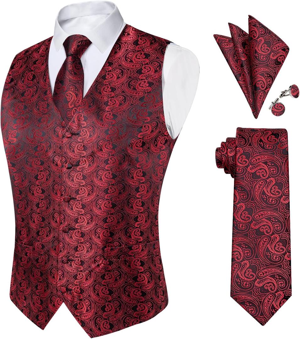 DiBanGu Mens Paisley Suit Waistcoat Silk Dress Vest and Necktie Pocket Square Cufflinks for Wedding Party, XX-Large
