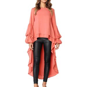 PRETTYGARDEN Women's Lantern Long Sleeve Round Neck High Low Asymmetrical Irregular Hem Casual Tops Blouse Shirt Dress