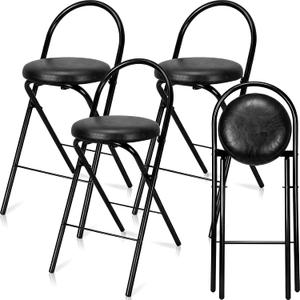 CroBlissful 4 Pcs 24 Inch Folding Bar Stool with Backrest, Leather Padded Folding Stools for Adults up to 350lbs, Collapsible Round Counter Height Stool Chair for Camping Kitchen Shop Cafe (Black)