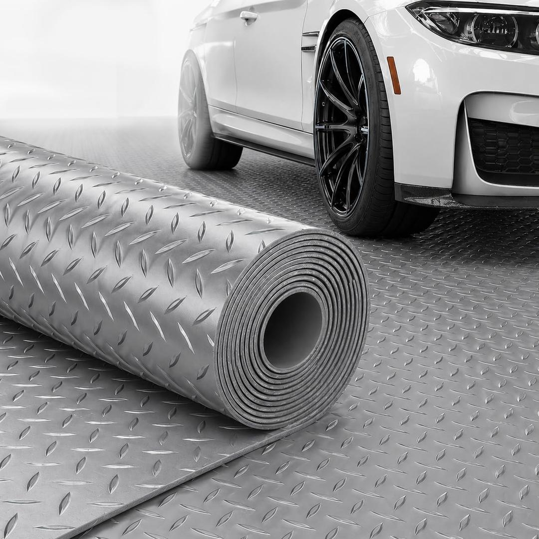 4x10 FT Garage Floor Mat, 2.8mm Thickened Diamond Plate PVC Rubber Heavy Duty Flooring Roll Covering Non-Slip Floor Protector Mat for Under Car Parking/Garage/Warehouse/Gyms/Trailer (Gray)