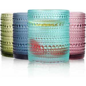 Set of 4 Hobnail Drinking Glasses, Colored, 12oz, Vintage Jupiter Drinking Glasses,Embossed Old Fsahioned Cute Glassware for Beer,Water,Juice,Cocktail,Whiskey,Gift (Small)