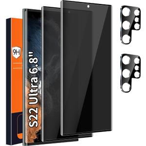 [2+2 Pack] Galaxy S22 Ultra Privacy Screen Protector, 9H Tempered Glass, Ultrasonic Fingerprint Support, 3D Curved, HD Clear Anti-Spy Film for Samsung S22 Ultra 5G Glass Screen Protector