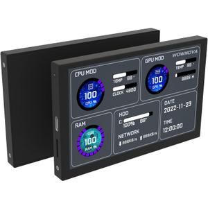 WOWNOVA 5" Computer Temp Monitor, Dynamic Theme Supported, ARGB PC Case Sensor Panel, IPS Type-C USB Mini Secondary Screen, CPU RAM HDD Data Monitor (Black)