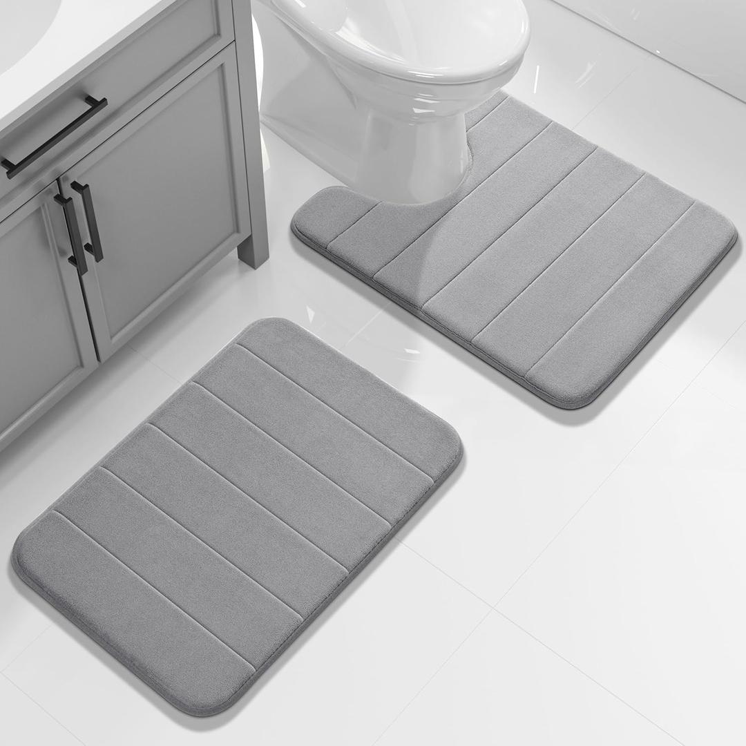 Yimobra U-Shaped Toilet Bath Mat Set 2 Piece - Super Soft Absorbent Quick Dry Memory Foam Bathroom Rugs, Machine Washable Non Slip Floor Carpet for Tub Shower & Single Sink (17x24 & 24x20, Gray) (Grey)