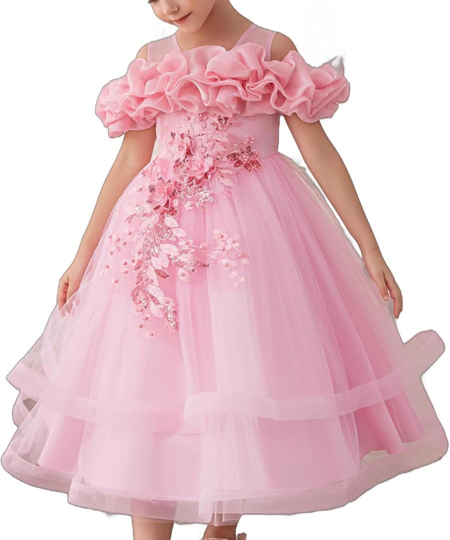 Girls' Special Occasion Dresses with Cloud Shoulder Design, Mid-Length Easter Dress for Girls (8 Years, Pink)