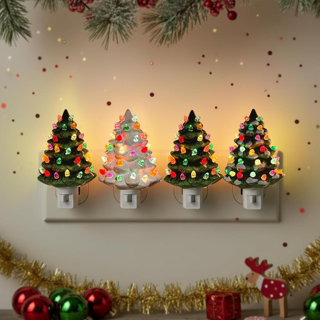 Uenough Christmas Ceramic Tree Night Light 4 Pack  6" H Tabletop Holiday Nostalgic Decorative Lights with ON/Off Switch, Vintage Night Light for Gift Bedroom Bathroom Living Room Porch Holiday Decor