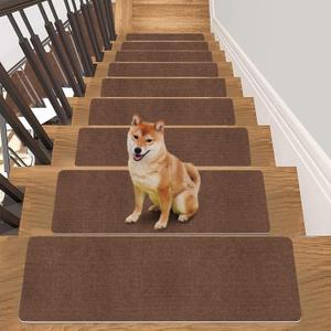 Stair Treads for Wooden Steps Indoor Stair Treads Rugs Anti Slip Carpet for Stairs Runner Non Slip Carpet Mat Rugs Spiral Staircase kit for Elder and Kids (8.6" X 21.7", Brown)