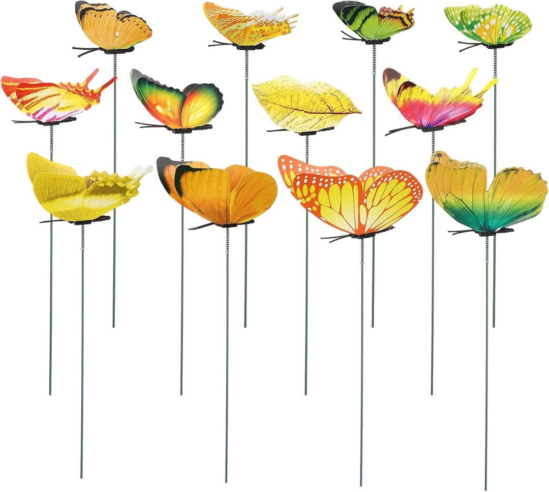 MECCANIXITY 24pcs Butterfly Stakes, 4 Size Garden Garden Decoration PVC Waterproof Artificial Butterflies Stick Plant Stakes for Indoor Outdoor Yard Decor, Yellow