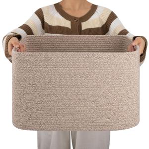 OIAHOMY Cotton Rope Basket, Rectangle Woven Nursery Blanket Basket, Toy Storage Basket with Handle, Baskets for Organizing, 18x14x12, Brown Variegated