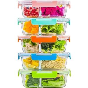 C CREST 5-Pack,3 Compartment Glass Meal Prep Containers Set,34oz, Divided Glass Food Storage Containers with Lids, Glass Lunch Box with Dividers