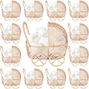 12 Pcs Baby Shower Mini Carriage Decoration Brown Bear Color Metal Wired Fillable Candy Stroller Baby Shower Table Centerpiece for Guest Gender Reveal Wedding Party Favor Gift