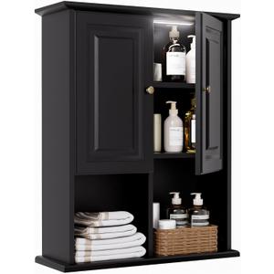 HAIOOU Bathroom Wall Cabinet with Motion Sensor LED Light, Wooden Medicine Cabinet Wall Mounted Cupboard, Over Toilet Storage Cabinet with Buffering Hinges and Adjustable Shelf - Black (23.6" W x 8.2" D x 29.5" H)