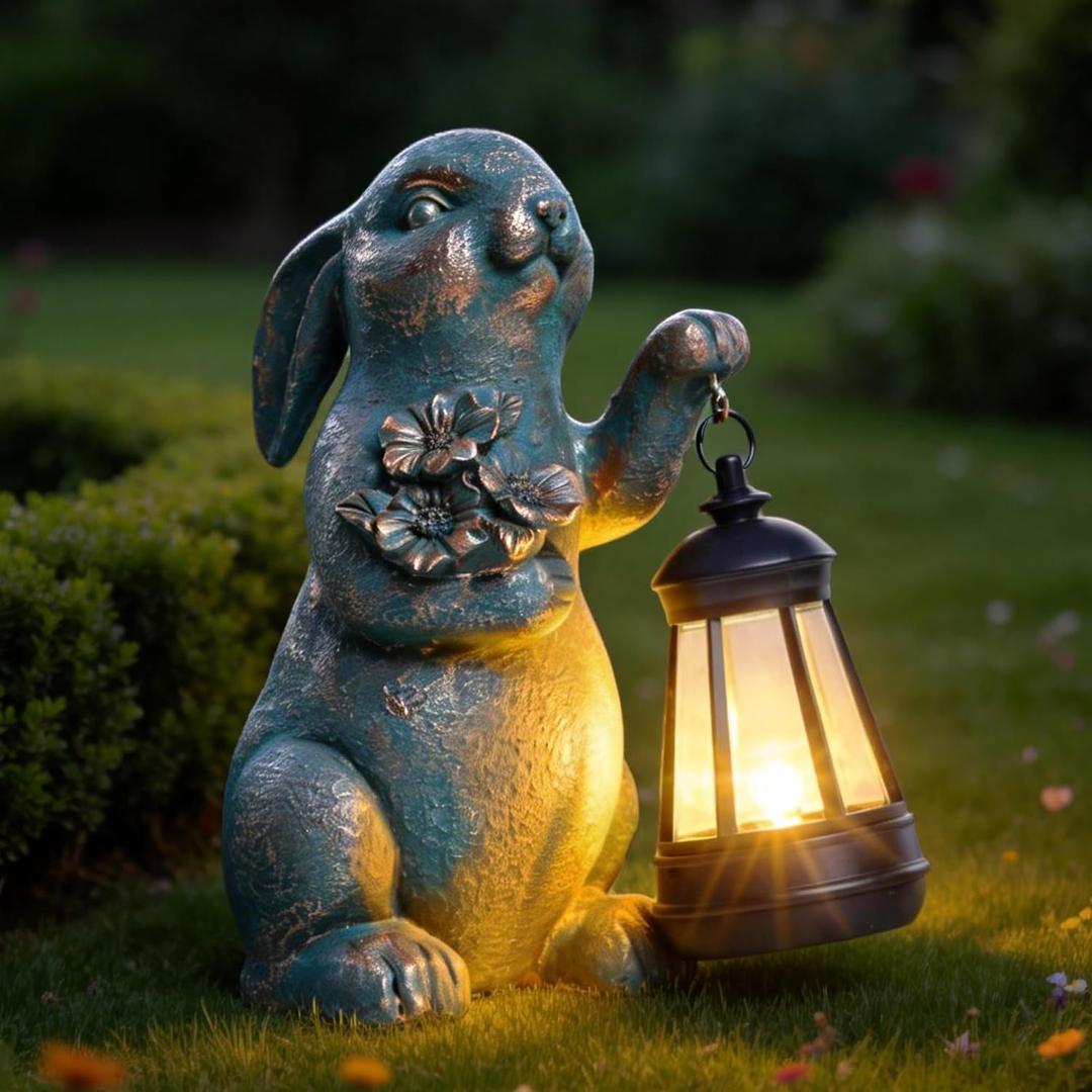 Solar Garden Statues, Resin Bunny Statue w/Flower, Waterproof Figurine Rabbit Solar Latern for Outside Yard Outdoor Home Patio Lawn, Animal Lights for Adults Women Birthday Easter Gifts