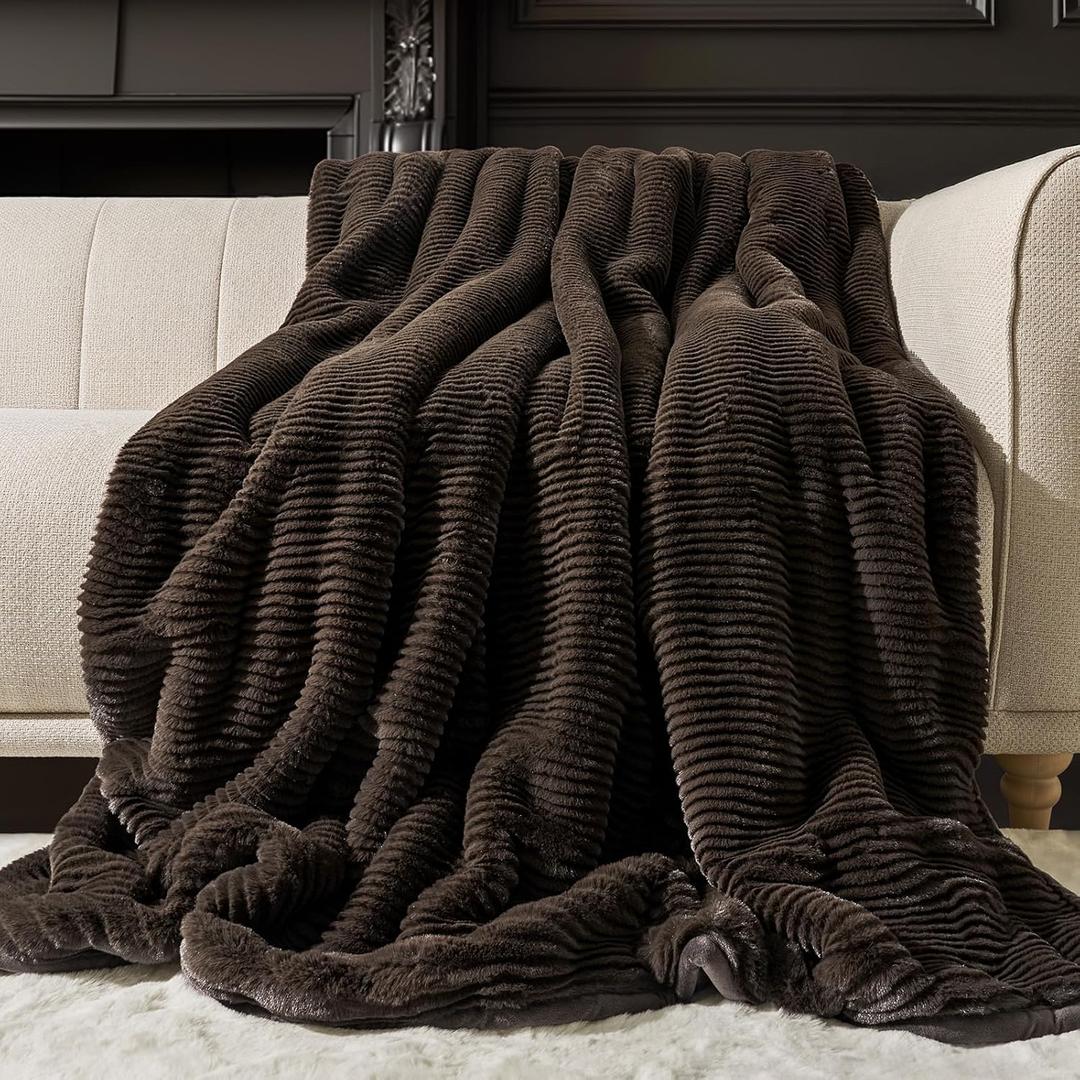 Ultra Soft Faux Fur Throw Blanket for Couch, Luxury Sculpted Texture Faux Rabbit Fur Blanket for Bed, Fluffy Thick Plush Warm Fuzzy Throw, 920GSM (Dark Brown, 50''x60'')