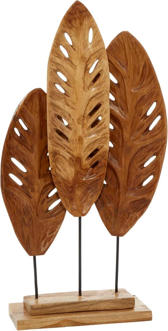 Deco 79 Teak Wood Leaf Handmade Decorative Sculpture Home Decor Statue, Accent Figurine 12" x 5" x 23", Brown