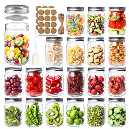 PINIWON 12 oz Mason Jars with Lids and Bands, 20 Pack Regular Mouth Canning Jars, Clear Glass Jars for Canning, Pickling, Food Storage, DIY Projects, 36 Labels, Brush & String Included, One Missing Jar