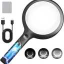 30X Charge Magnifier with Light, NUEYiO 4.33Inch Large Handheld Magnifying Glass with Light, 20 Daylight LEDs & Third Gear Dimming Lighted Magnifying Glass for Seniors Reading Inspection Coin Jewelry