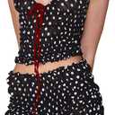 RUEWEY Women Polka Dot Pajamas Set Scoop Neck Cami Top Smocked Ruffle Shorts 2 Piece Lounge Set Sleepwear (Small, Black)