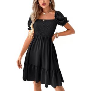 LYANER Women's Square Neck Smocked Mini Dress Puff Sleeve Ruffle Tiered Casual Wedding Guest Dress Black X-Small