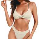 ZAFUL Women's Texture Bikini Sets Criss Cross Back Two Piece Swimsuit Tanga Swimwear Thong Bathing Suit Beige Medium