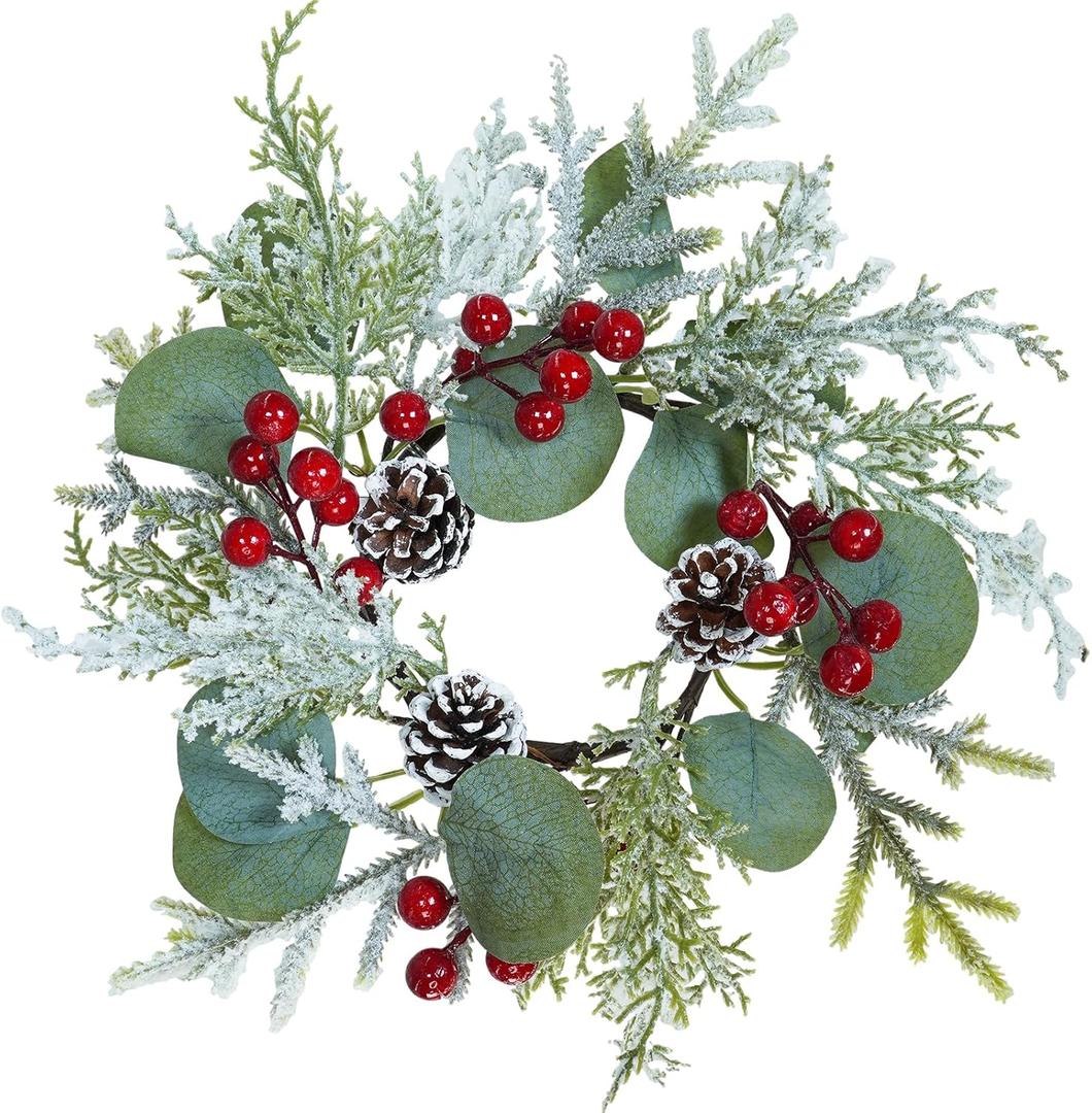 Winlyn 4 Pcs Artificial Eucalyptus and Snowy Cedar Candle Rings Christmas Candle Holder Rings Mini Window Wreaths 12.2" Wide with Red Berries Pine Cones for Holiday Winter Wedding Seasonal Decoration