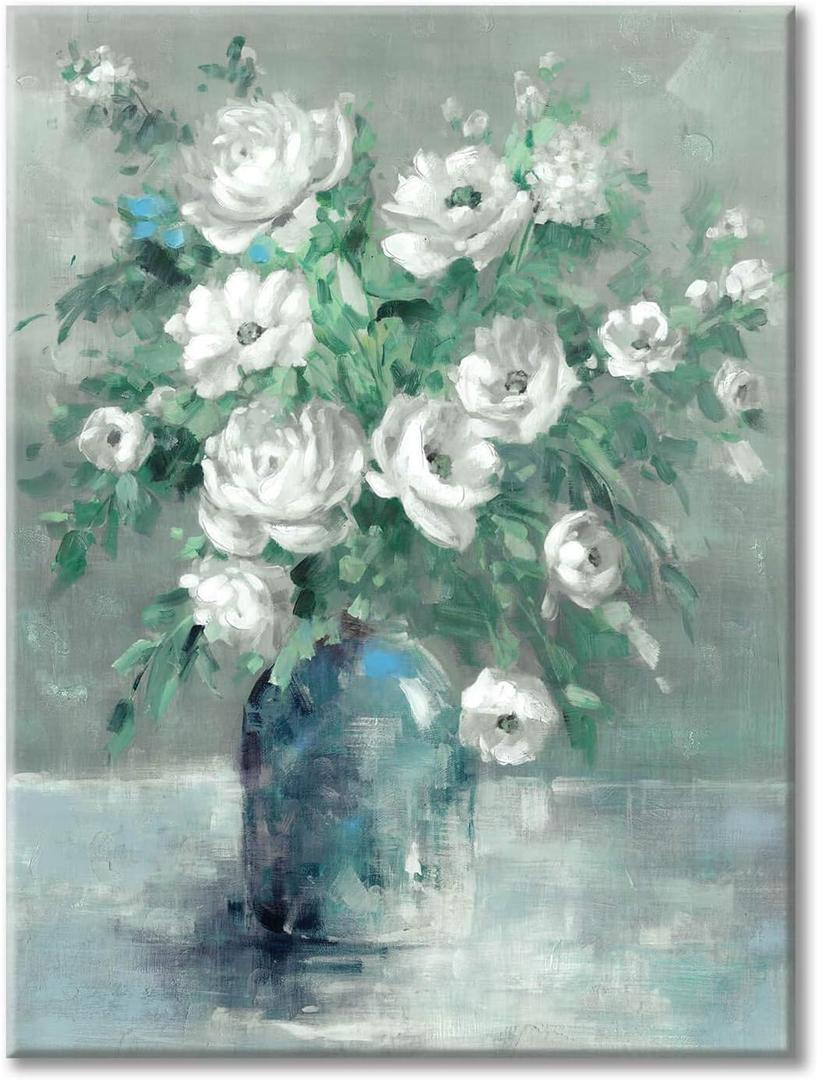 UTOP-art Floral Canvas Wall Art Painting White Rose Flower Green Leaves Hand Painted Texture Picture Artwork For Bedroom Plant Wall Decor Bathroom Walls Office(18'' x 24'' x 1 Panel)