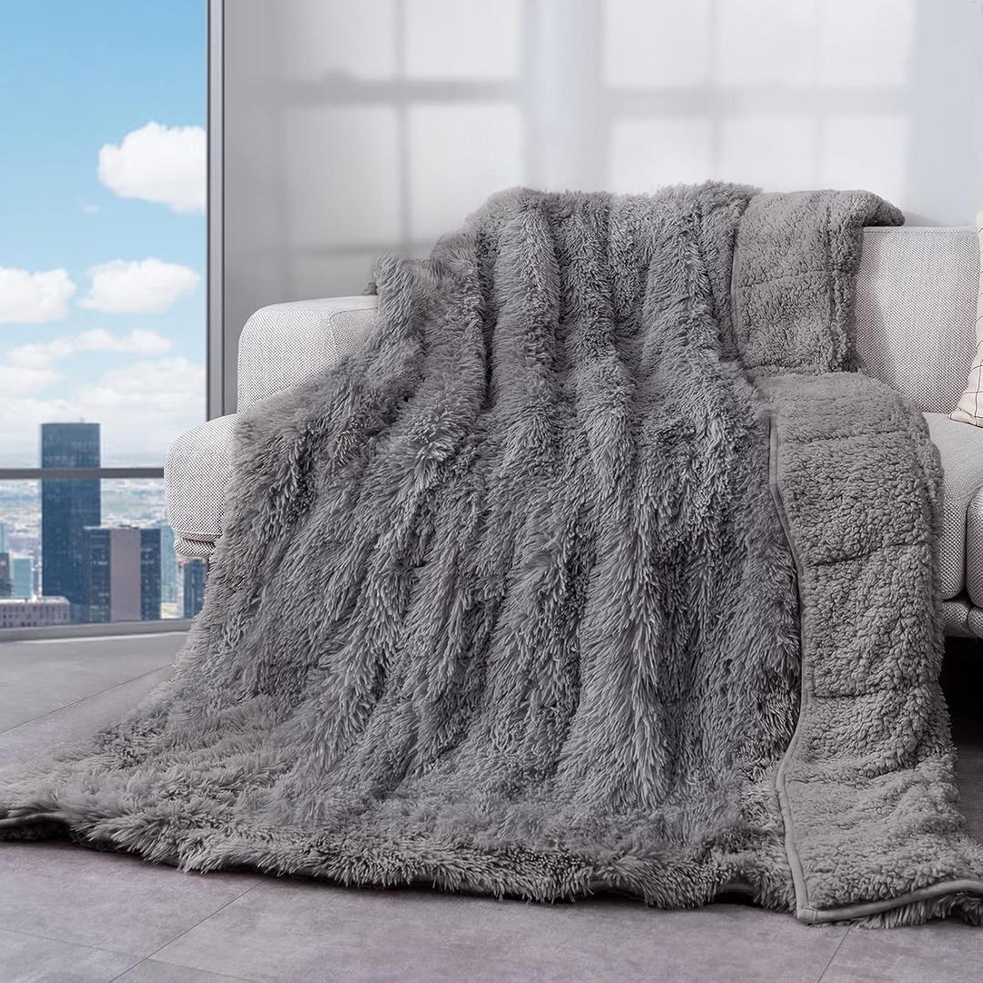 Cottonblue Faux Fur Weighted Blanket 15lbs, Soft Fuzzy Luxurious Fluffy Heavy Blanket, Plush Sherpa Dual Side Cozy Warm Throw Blanket for Bed Couch Sleeping, Grey, 48x72 inches