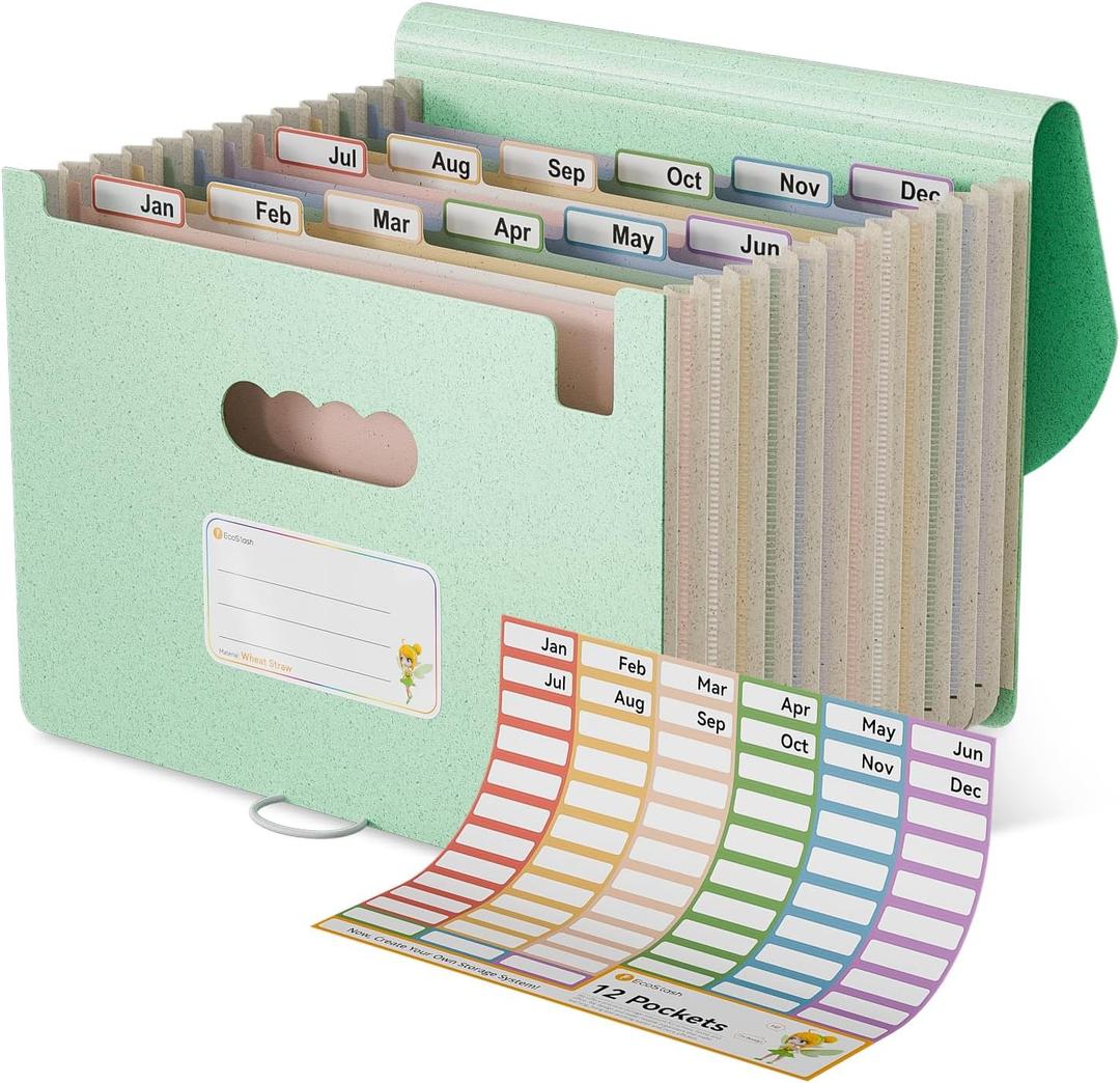 EcoStash Accordion File Organizer, 12-Pocket Wheat Straw Expanding File Folder, Portable Monthly Bill & Tax Receipt Organizer, Letter/A4 Size Document Holder with Colorful Tabs-Mint Green