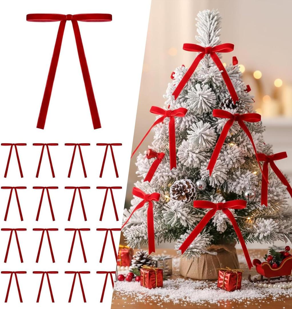 24 Pcs Velvet Bows for Christmas Tree, Red Velvet Christmas Tree Bows Door Garland Decor Vintage Wreath Bow, Suitable for Xmas Home Decor Wedding Outdoor Indoor (Red) ﻿