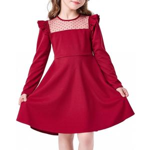 Girls Casual Dress Crew Neck Cute Girls Ruffle Long Sleeve A Line Mesh Party Dress for Kids Teens, Size 9-10 Years Red 