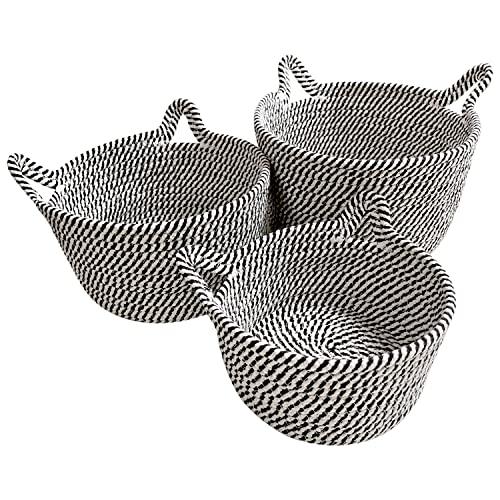 Small Woven Baskets | Mini Storage Bins | Cotton Rope Baby Nursery Organizers | Cute Round Cat Ears Basket for Organizing Desk Decor Kids Toy Dog Cat Baby Girls Gifts-Set of 3 (Black white)
