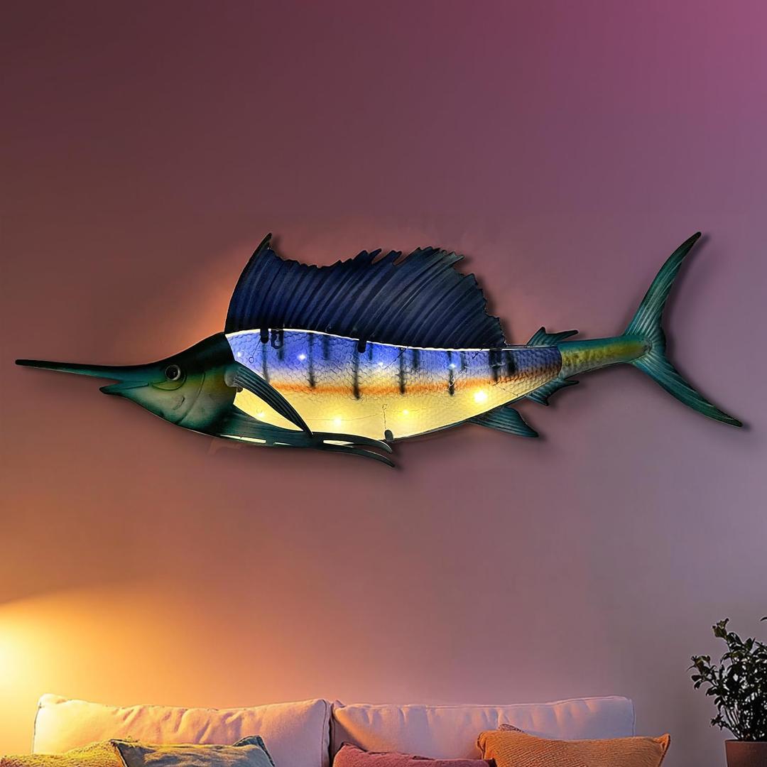 LIFFY Metal Fish Wall Art,36" Large Sailfish Wall Decor with Led Lights,Indoor Outdoor Mounted Tropical Swordfish Hanging Decorations for Home Living Room Bedroom Garden Patio