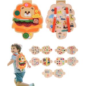 Busy Board Montessori Toys, 12 in 1 Busy Book Learning Sensory Toys for Toddlers with Fine Motor Skills, Busy Book Toys with Backpack Strap, Bear Shape