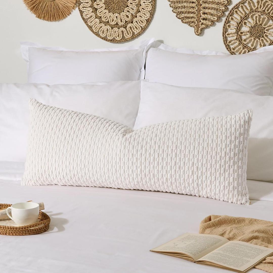 Kevin Textile 14x36 Inch Long Lumbar 1 Pack Boho Christmas Decorative Throw Pillow Cover Soft Striped Corduroy Rectangle Cushion Case Farmhouse Color Accent for Living Room Couch Sofa Bed, Pure White