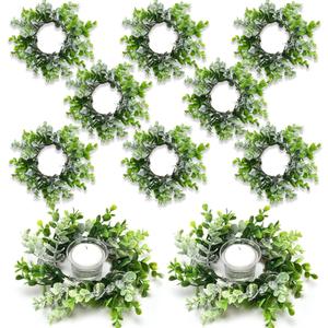 8 Pieces Spring Summer Artificial Flowered Wreath Mini Floral Wedding Candle Rings Wreaths for Wedding Table Centerpiece Pillars Farmhouse Party Home Door Tabletop Decor(Eucalyptus)