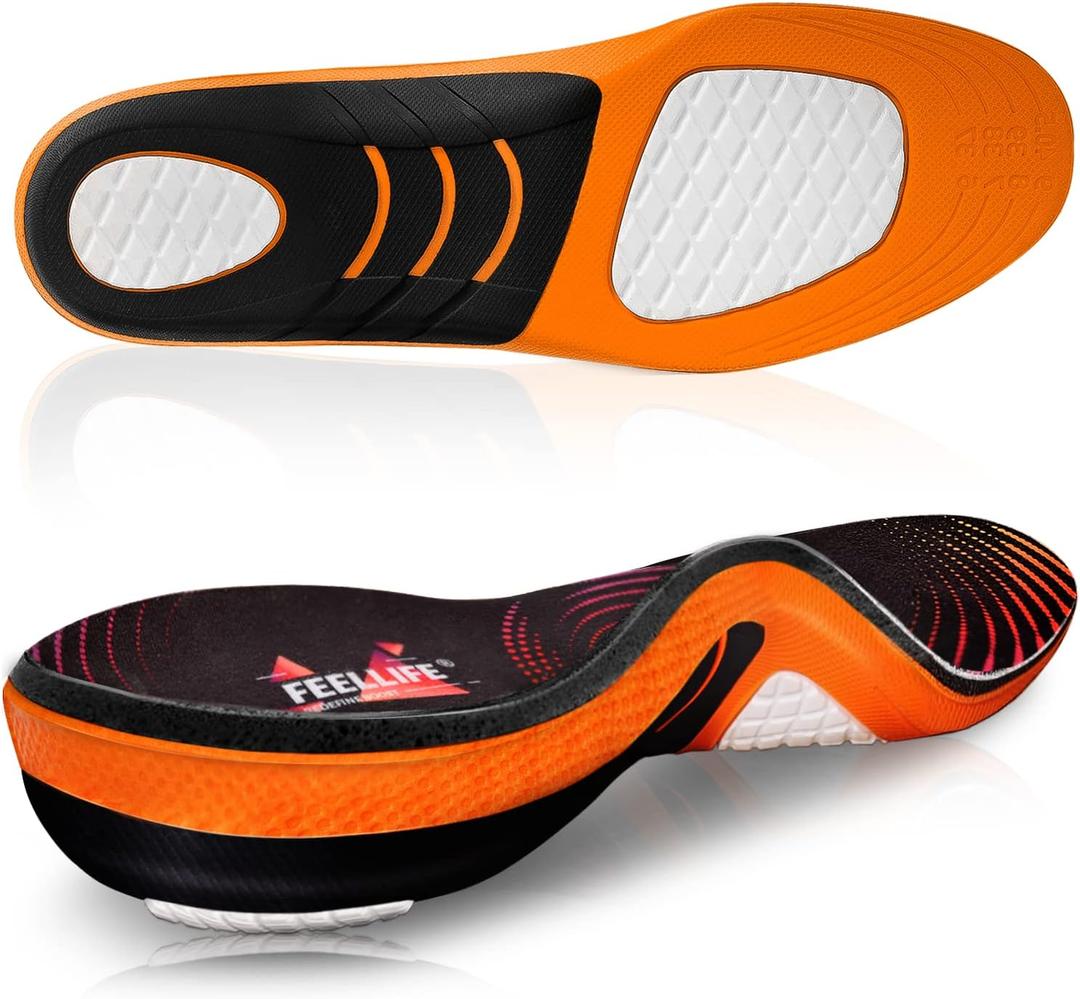 Plantar Fasciitis Relief Shoe Insoles [1-Pair], Arch Support Insoles, Running Athletic Gel Shoe Inserts, Orthotic Inserts for Arch Pain [Trim to Fit: Men 4-7/Women 5-8] (S(Men 4-7/Women 5-8), Black & Orange)