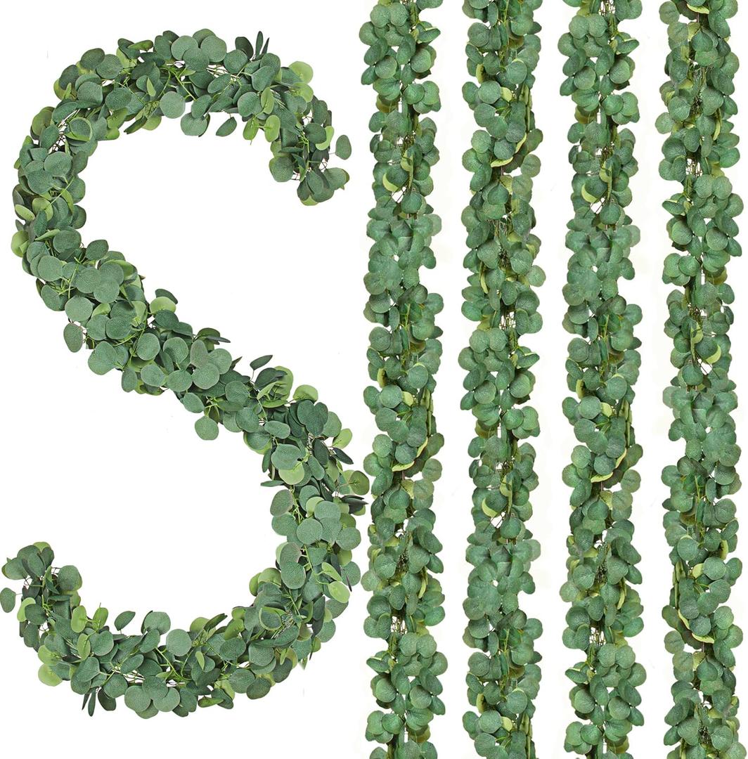 CQURE 60Pcs Eucalyptus Garland,Artificial Eucalyptus Leaves Table Greenery Garland Wreath Vines for Wedding Party Table Fireplace Wall Room Decor