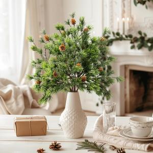 16.1'Artificial Christmas Norfolk Pine Branches Pinecone Garland Stems Tree Greenery Decor Faux Cedar Picks Home Decoration Real Touch Evergreen Realistic Plant Leaves for Winter Holiday Indoor (6PCS)
