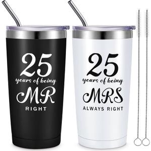 Cunhill 2 Pcs Mr. Right Mrs. Always Right Travel Tumbler Set 20 oz Wedding Engagement Anniversary Travel Mug for Husband Wife Newlywed Couples Bride Groom Anniversary(25th Tumbler)