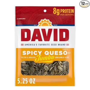 DAVID Roasted and Salted Spicy Queso Jumbo Sunflower Seeds, Keto Friendly, 5.25 oz, 12 Pack (Best Before Nov. 16, 2026)