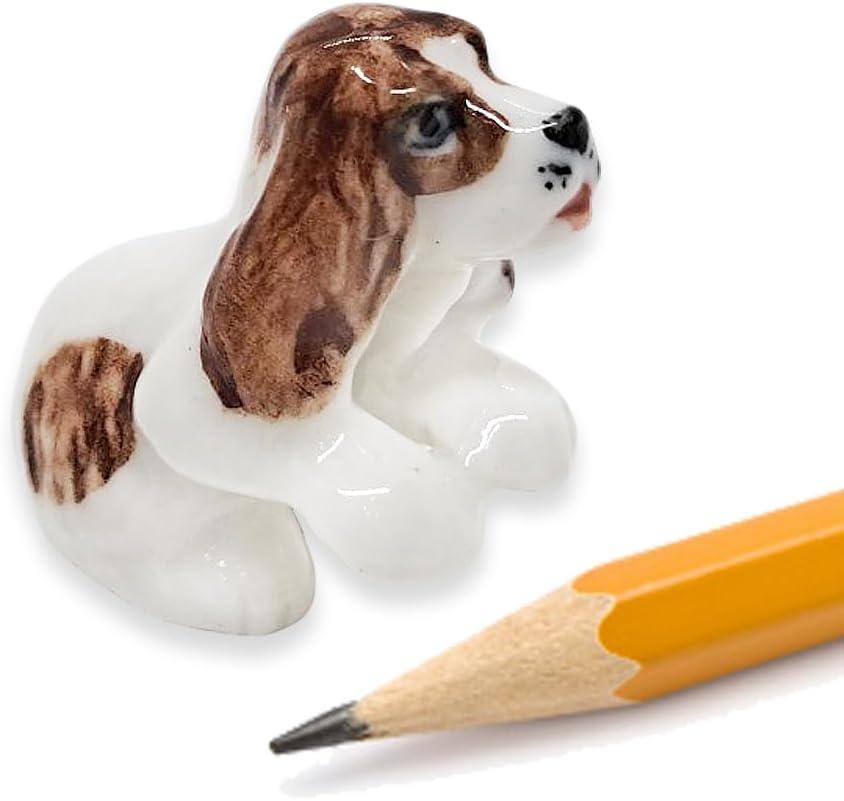 WitnyStore Tiny 1" White Brown Begging English Cocker Spaniel Dog Figurine - Miniature Hand Made Painted Ceramic Dogs Puppy Hound Canine Animal Cute Porcelain Decorative Collectible Figure Dcor Gifts