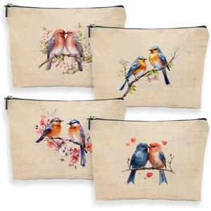 4 Pcs Vintage Abstract Botanical Flower Bird Makeup Bag, Small Waterproof Zipper Women Purse Multi Functional Toiletry Organizer for Women Friend Coworker Sister Christmas Birthday Friendship Gifts