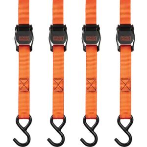 Black+Decker BDX1004 Black/Orange 1" x 10' Cam-Buckle Tie Down Straps - 300 lb Safe Working Load / 900 lb Break Strength, 4 Pack
