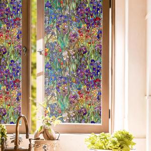 Purple Pink Green Wildflower Iris Floral Stained Glass Window Films Decorative Double-Side Privacy Film Self-Adhesive Static Glass Clings Stickers for Living Room Bathroom Glass Windows Decor (Wf-015), 15.7"x118"